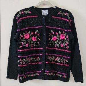 Vintage 90s Cottagecore Grandma Black + Pink Embroidered Floral Cardigan Sweater